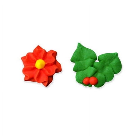 Poinsettia & Holly Royal Icing Cake/Cupcake Decorations 12 Ct