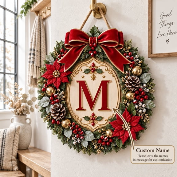 Poinsettia Initial Door Sign, Personalized Wood Door Decor for Christmas