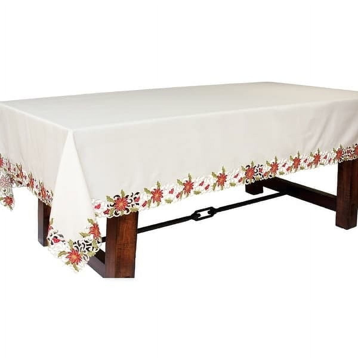 Winter White Embroidered Poinsettia Cutwork Tablecloth 70" x 108"