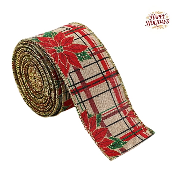 Poinsettia Linen Christmas Ribbon, 2.18 Yards x 2.48 Inches Wired Edge Decorative Ribbon for Bow Making, Gift Wrapping, Present Packaging, Xmas Tree, Wreath, Holiday Party, Crafts & Home Decor