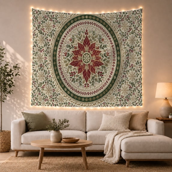Poinsettia Mandala on Snowflake Background, Cozy Boho for Winter Decor Lovers, Festive Ornate Art, Christmas Gift, Tapestry Wall Hanging for Living Room and Bedroom