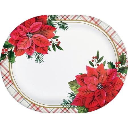 Red and Green Poinsettia Oval Disposable Paper Plates, 12 in, 8 Count, by Holiday Time