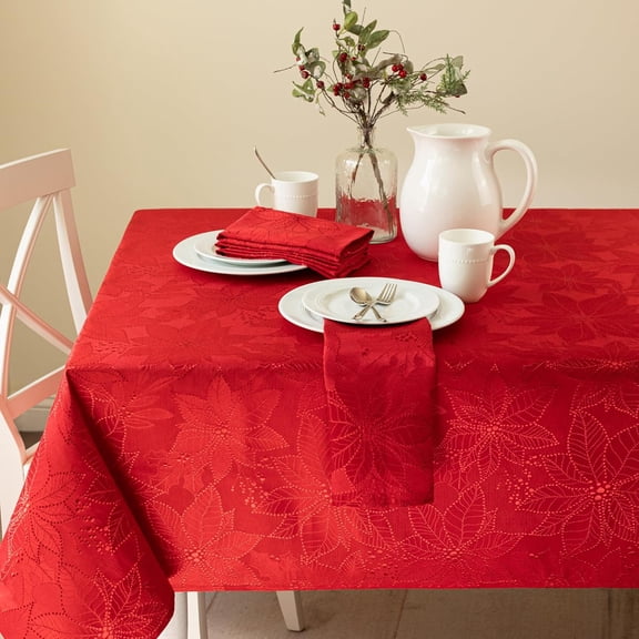 Poinsettia Palace Damask Fabric Table Cloth, Holiday, Winter, and Christmas Tablecloth (Poinsettia Palace Red, 60" X 140" Rectangular)