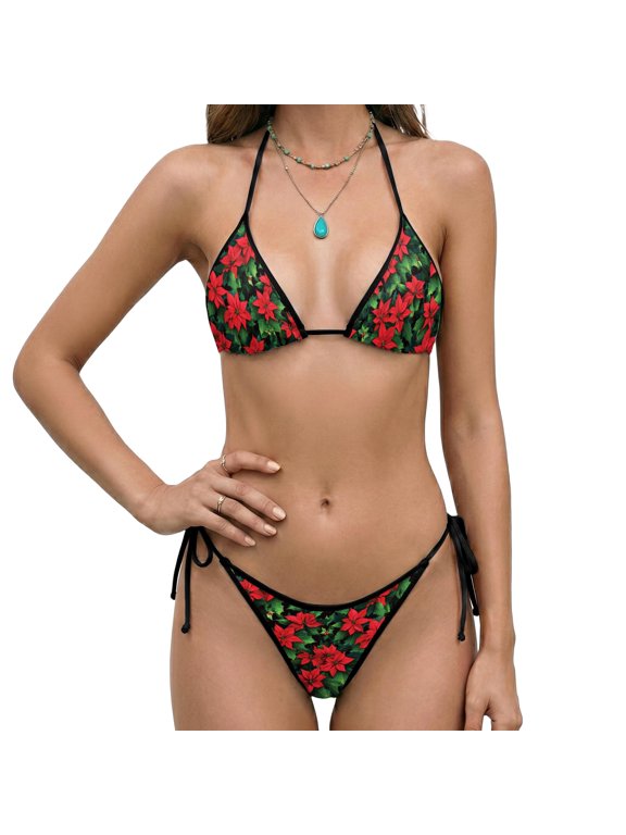 Poinsettia Pattern Bikini for Women, Adjustable Triangle Top with Tie Side Bottom, Summer Beach Swimwear