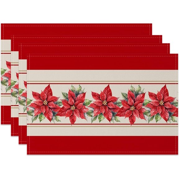 Poinsettia Red Christmas Placemats Set of 4 Seasonal Winter Christmas Table Mats for Party Kitchen Dining Decoration 12x18 Inch