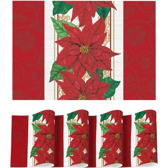 Poinsettia Red Christmas Vinyl Placemats Set of 4, 12x18 Inch Wipeable Winter PVC Woven Table Mats for Party Kitchen Dining Decor