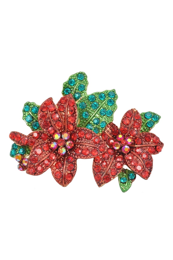 Poinsettia Star Flower, Red, Crystal Rhinestone, Christmas Pins & Brooches, Gold-Tone