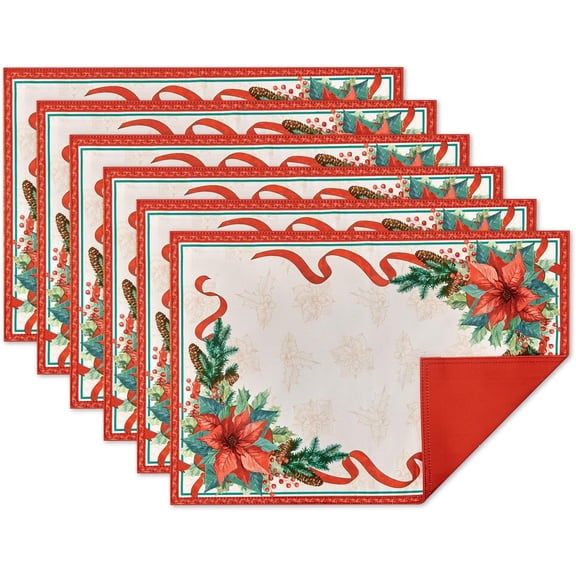 Poinsettia Ribbon Engineered Printed Fabric Christmas Tabletop for Xmas Winter Holiday, Christmas Time, Reversible Placemat Set, 13 x 19