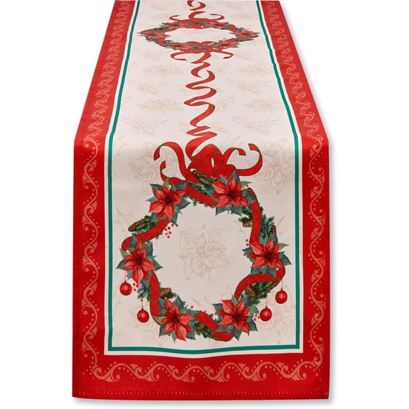 Poinsettia Ribbon Engineered Printed Fabric Christmas Tabletop for Xmas Winter Holiday, Christmas Time, Table Runner, 14 x 108