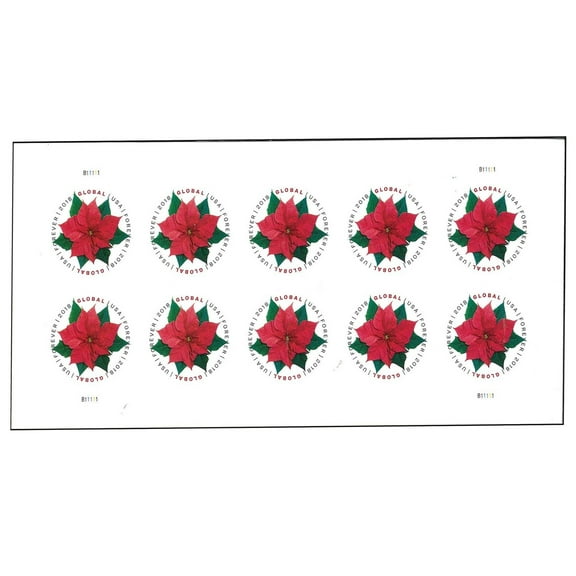Poinsettia USPS Global International Postage Stamp 1 Sheet of 10 US Forever First Class Postal Flower Announcement Celebrate Christmas Wedding Holiday (10 Stamps)