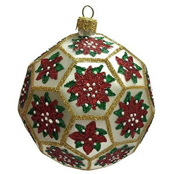 Poinsettia White and Gold Polyhedron Ball Polish Glass Christmas Tree Ornament