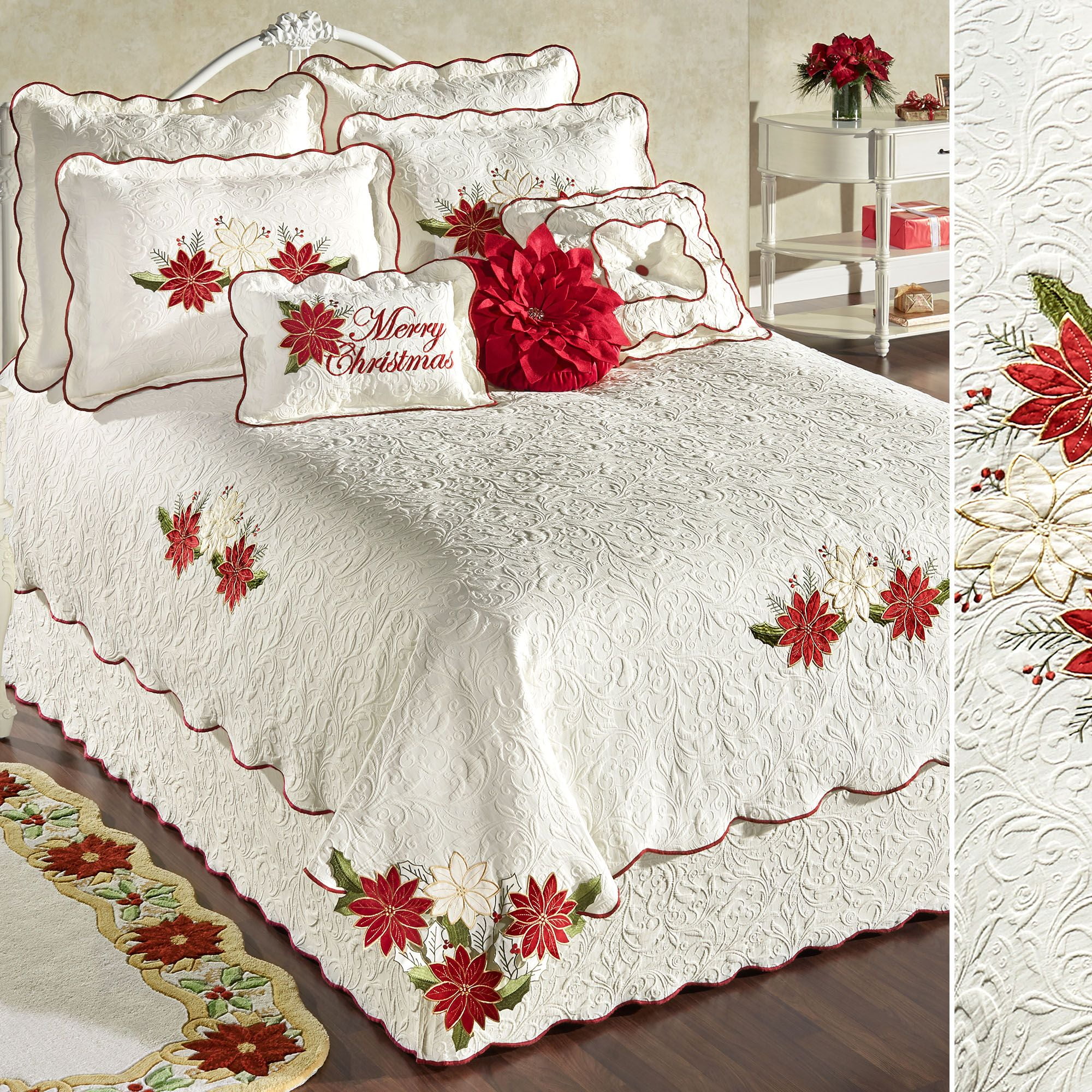 Holiday Poinsettia Light Cream Velvet King Coverlet Set