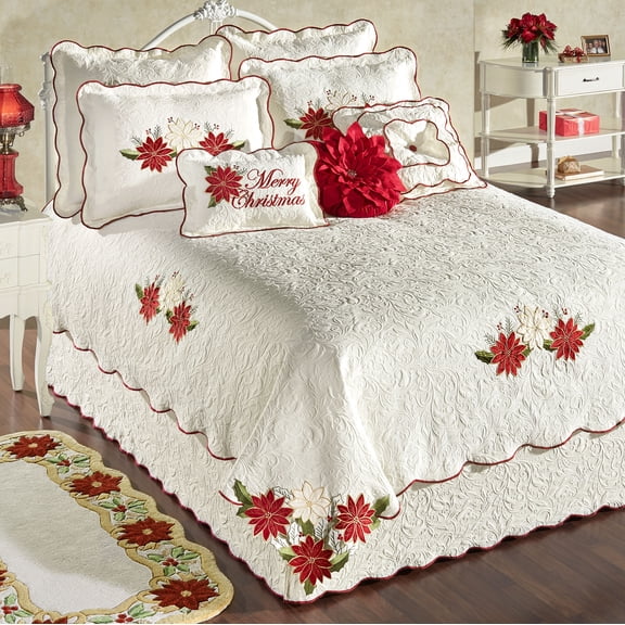 Poinsettia Woven Matelasse Oversized Coverlet Set - Light Cream, Red, Green - Holiday Decor for your Bedroom, Guest Room - Velvet Appliques - Embroidery - Contour-Cut Edges Cal King Coverlet Set