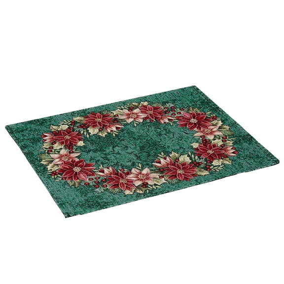 Poinsettia Wreath Placemats Set of Four, Christmas, Holiday, Washable Fabric Table Linens