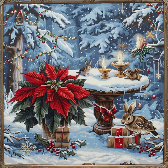 Poinsettiain Candles Snow Christmas Scene DIY 11CT Stamped Cross Stitch Kits for Beginners Easy Needlepoint Embroidery Counted Cross Stitch Art Craft for Wall Decoration 14x14inch(4)