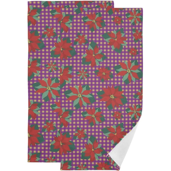 Poinsettias Red Christmas Hand Towels, Tartan Xmas Kitchen Towel Ultra Soft and Absorbent,Decorative Fingertip Face Towel for Bathroom Hotel, 2 PCS, 28.3"x 14.4"