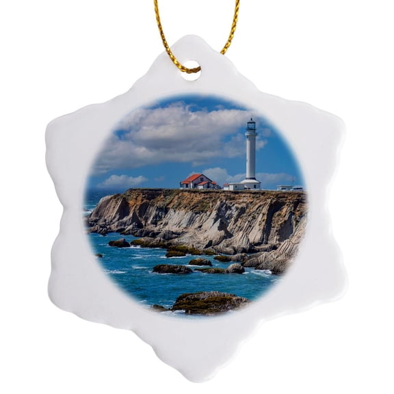 3drose, Point Arena Lighthouse a Northern California Landmark., 3 inch Snowflake Porcelain Ornament