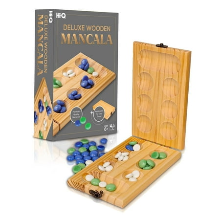 Point Games Solid Wood Deluxe Mancala - Folding Board Game w Metal Latch and Glass Marbles- Portable Strategy Travel Game - Recommended Ages 6+