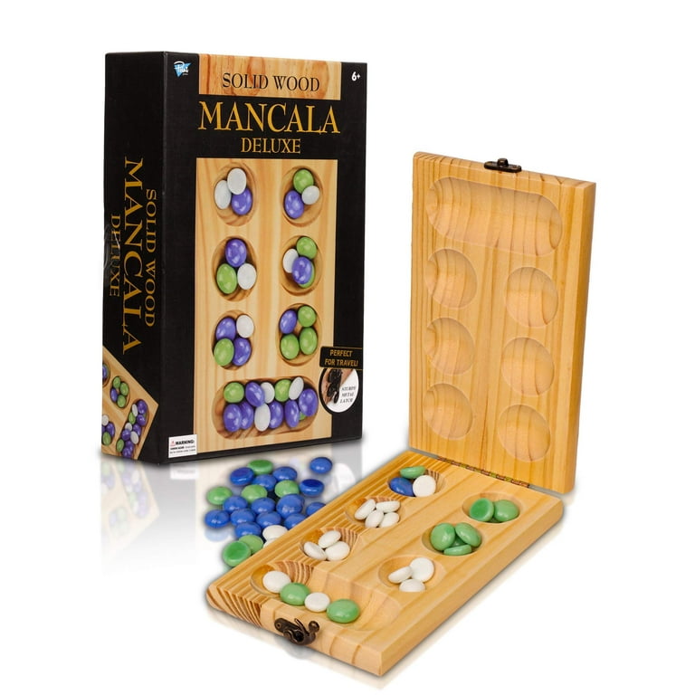 GSE Games & Sports Expert Multi-Color Glass Stones Mancala Folding Pine  Wood Board Game Family Travel Set for Family Party, Kids and Adults (Oak)