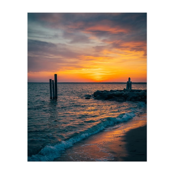 Point Judith Sunset - Narragansett Rhode Island Photography Sunset Beach Ocean Coastal Waves Nature Landscape Unframed Wall Art Print 9 x 12 inches