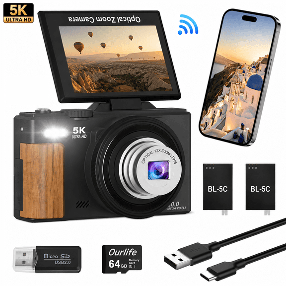 Ourlife 5K 80MP Digital Camera, 12X Optical Zoom Autofocus WiFi Vlogging Camera for YouTube, Flip Screen, 64GB Card