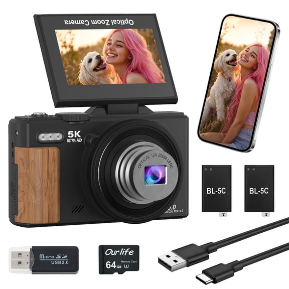 Point and Shoot Digital Camera, Autofocus 80MP 5K Camera for Photography with 64GB Card, 12X Optical Zoom, 5K Video, 3 Inch LCD, With LED Video Light, Black