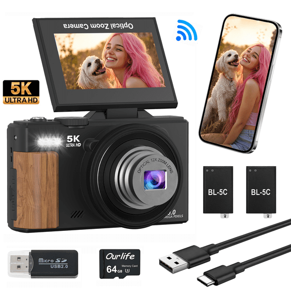 Ourlife Point and Shoot Digital Camera, 5K 80MP Autofocus Camera with 64GB Card, Extendable Lens, 12X Optical Zoom, 3 inch LCD, LED Video Light, Black