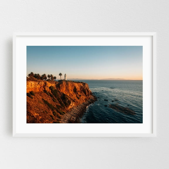 Point Vicente Light 02 - Rancho Palos Verdes California Photography Coast Lighthouse Ocean Sunset Palm Tree Landscape Scenic White Framed Wall Art Print 5 x 7 inches