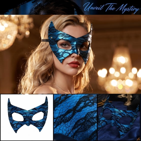 Pointed Bat Cat Ear Lace Masquerade Mask, Mysterious Half Face Eye Mask for Women Halloween Night Club Mardi Gras Dress Up