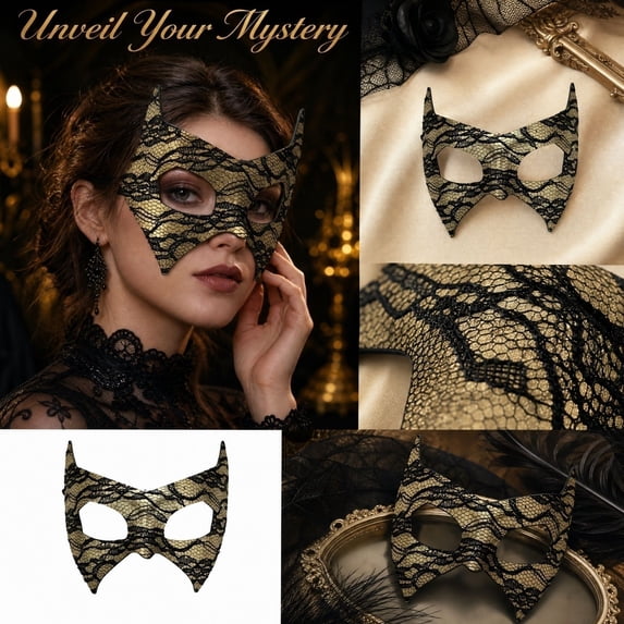 Pointed Bat Cat Ear Lace Masquerade Mask, Mysterious Half Face Eye Mask for Women Halloween Night Club Mardi Gras Dress Up