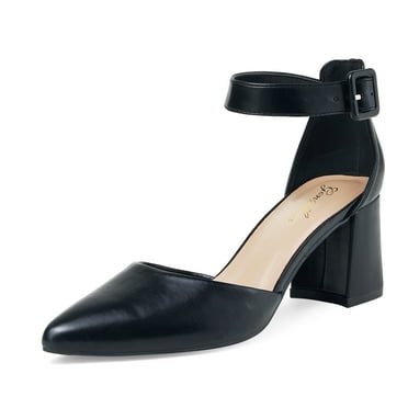 Pointed Toe 2.5 inch Low Block Chunky Heels for Women Closed Toe Pumps with Ankle Strap Dress Comfortable Shoes for Daily Work Office Homecoming