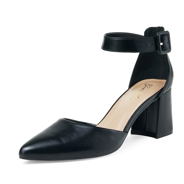 Zhabtuc Pointed Toe 2.5 inch Low Block Chunky Heels for Women Closed Toe Pumps with Ankle Strap Dress Comfortable Shoes for Daily Work Office