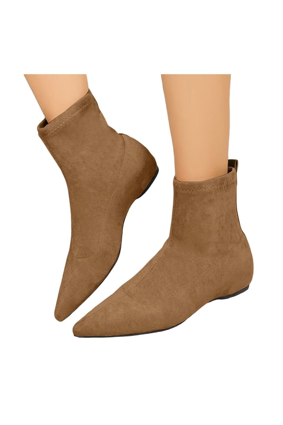 Pointed Toe Ankle Boots for Women Suede Height Increase Insoles Short Booties Elastic Pull on Gogo Boots