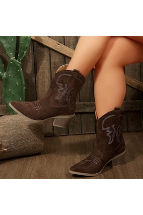 Pointed Toe Block Heel, Embroidered Western Boots, Chick V Cut Booties, Women Western Cowboy Boots Embroidered Pointed Toe Chunky Block Heel V Cut Retro Mid Calf Boots, Brown 6.5