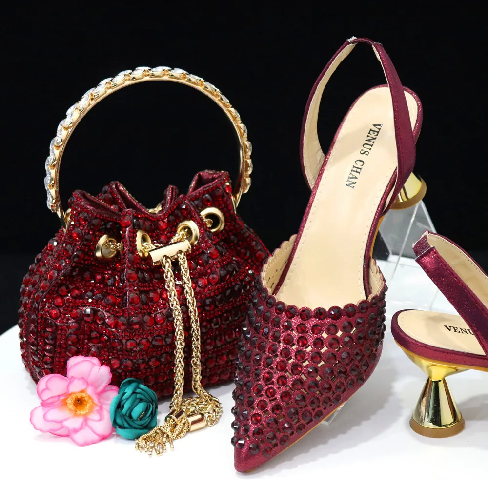 Pointed Toe Heels for Women 2023 Elegant Party Wine Color Full Diamond Pumps Italian Shoes and Bags Matching Set Walmart