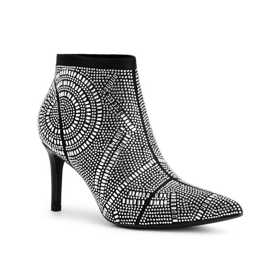 BLISSFUL STEP Women's Ankle Boots Rhinestone Stiletto Heel Pointed Toe Elastic Booties Black 7.5