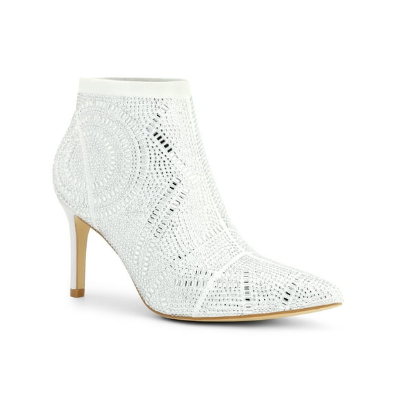 BLISSFUL STEP Women's Ankle Boots Rhinestone Stiletto Heel Pointed Toe Elastic Booties White 10