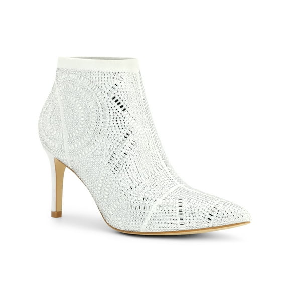 BLISSFUL STEP Women's Ankle Boots Rhinestone Stiletto Heel Pointed Toe Elastic Booties  White 6