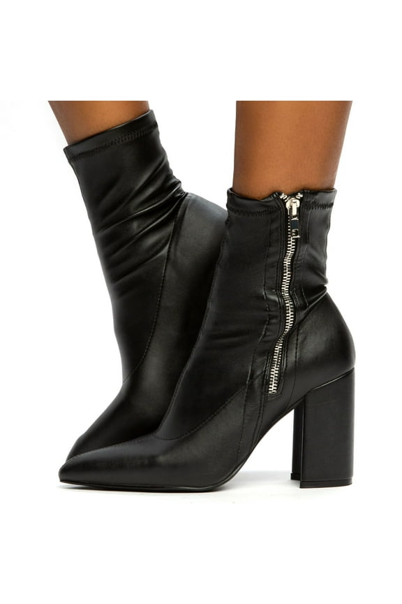 Pointed Toe Silver Zipper Black Bootie Women's Heels Boots