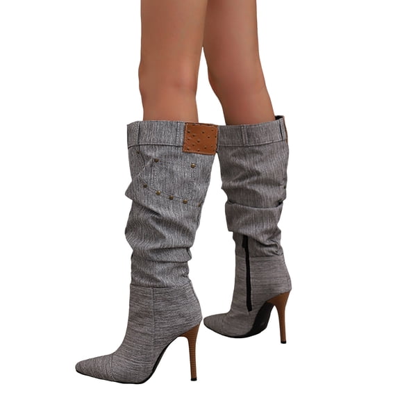 Pointed Toe Stiletto Heels Women Slouchy Denim Fashion Studded Knee High Boots Sexy Winter Dress Pull on Wide Calf Long Boots