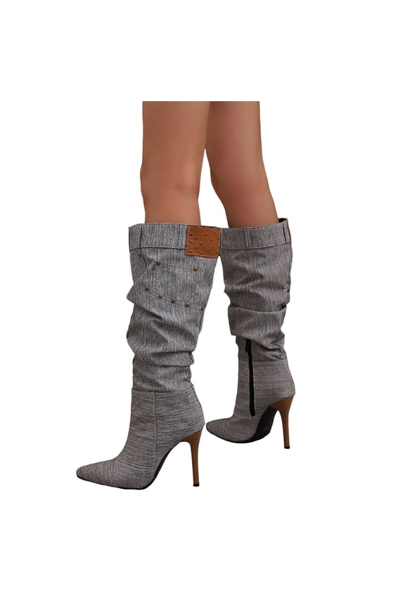 Pointed Toe Stiletto Heels Women Slouchy Denim Fashion Studded Knee High Boots Sexy Winter Dress Pull on Wide Calf Long Boots