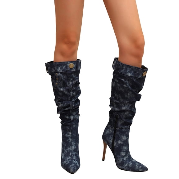 Pointed Toe Stiletto Heels Women Slouchy Denim Fashion Studded Knee High Boots Sexy Winter Dress Pull on Wide Calf Long Boots Blue 6