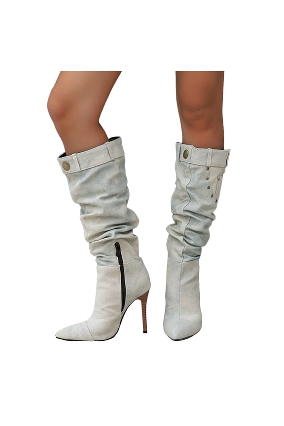Pointed Toe Stiletto Heels Women Slouchy Denim Fashion Studded Knee High Boots Sexy Winter Dress Pull on Wide Calf Long Boots