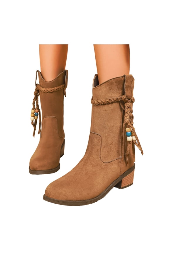 Pointed Toe Suede Cowboy Boots for Women Comfortable Slip On Tassel Boho Mid Calf Western Cowgirl Booties
