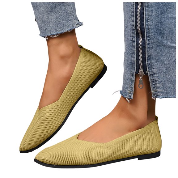 Pointed Toe Wide Width Ballet Flats Shoes for Women Lightweight Knit Flats Comfortable Dressy Casual Work Loafers Yellow Size 8.5