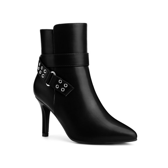 BLISSFUL STEP Women's Ankle Boots Stiletto Heel Pointed Toe Buckle Faux Leather Boots Black 7