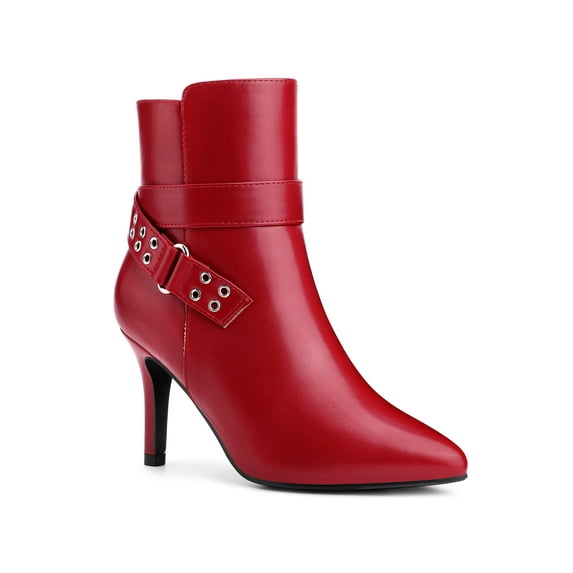 BLISSFUL STEP Women's Ankle Boots Stiletto Heel Pointed Toe Buckle Faux Leather Boots Red 6.5