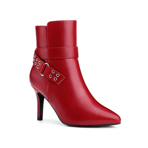 BLISSFUL STEP Women's Ankle Boots Stiletto Heel Pointed Toe Buckle Faux Leather Boots Red 8