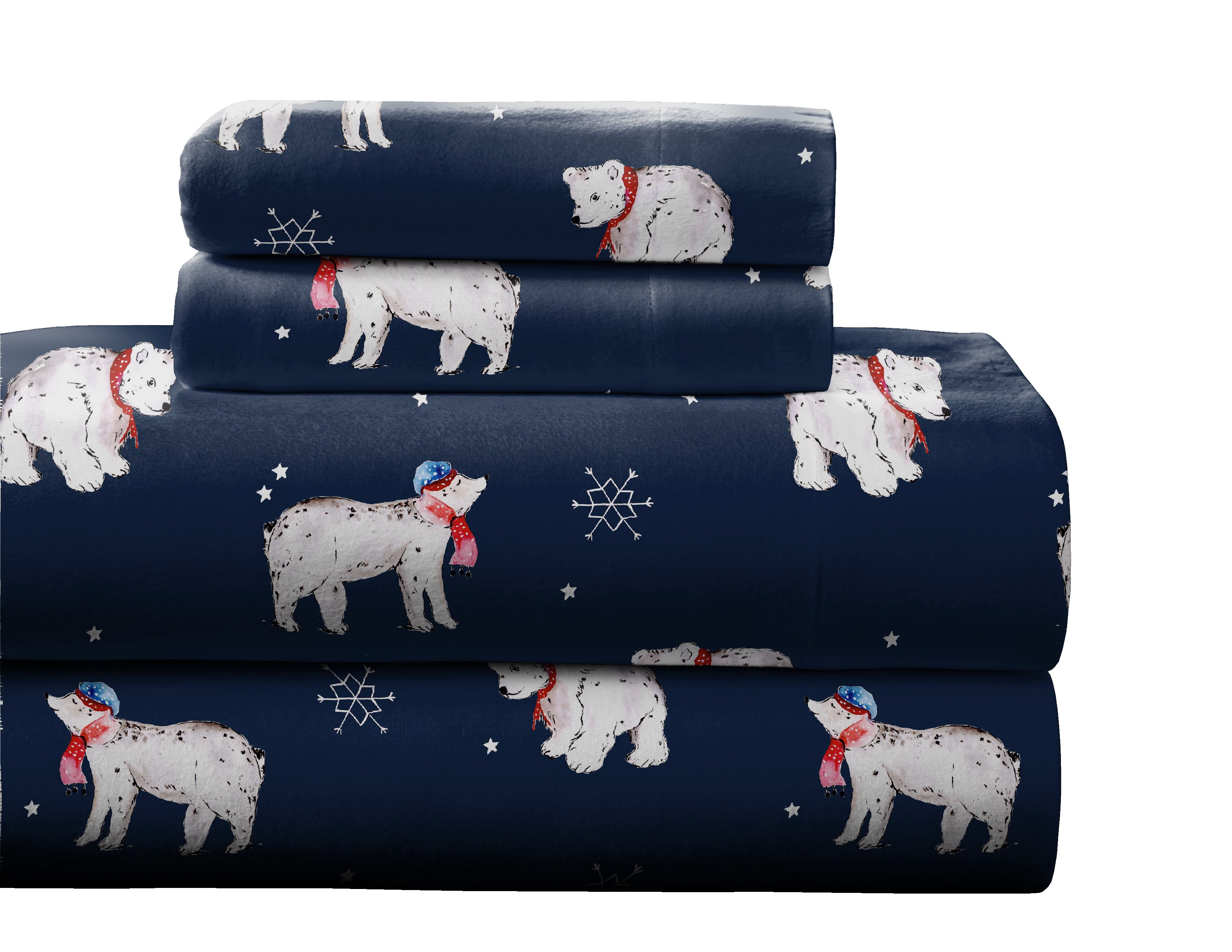 Twin XL Snow Bear Print Cotton Flannel Sheet Set
