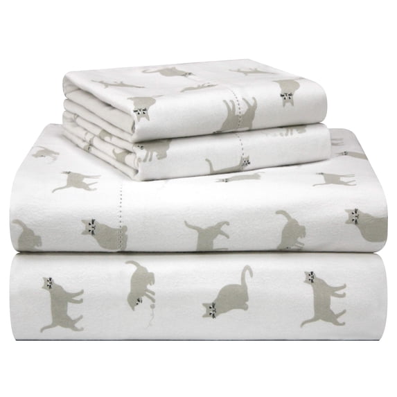 Pointehaven 180 GSM Velvet Feel Luxury 100% Cotton Printed Flannel Sheet Set,4PCS, Queen, Cats - Warm & Cozy - Pre-Shrunk -Deep Pockets - Elastic All Around-Comfy Double Brushed - C84